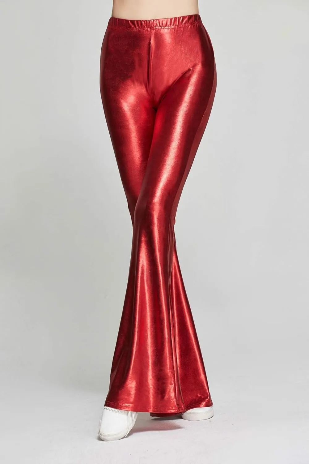 SIAEAMRG Womens Shinny Metallic Sequins High Waist Stretchy Bell Bottom Flared Pants, Wet Look Pants Club Wear