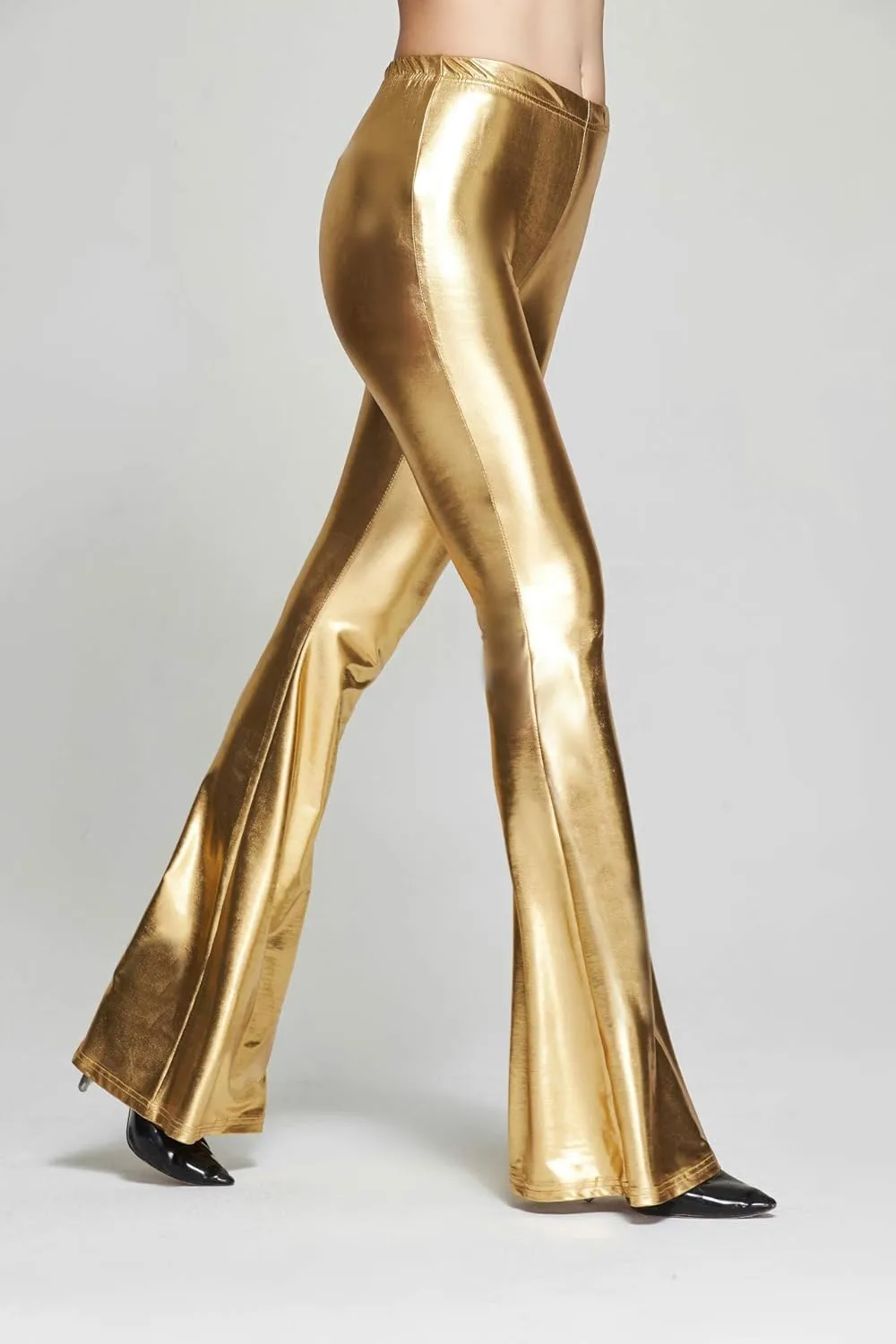 SIAEAMRG Womens Shinny Metallic Sequins High Waist Stretchy Bell Bottom Flared Pants, Wet Look Pants Club Wear