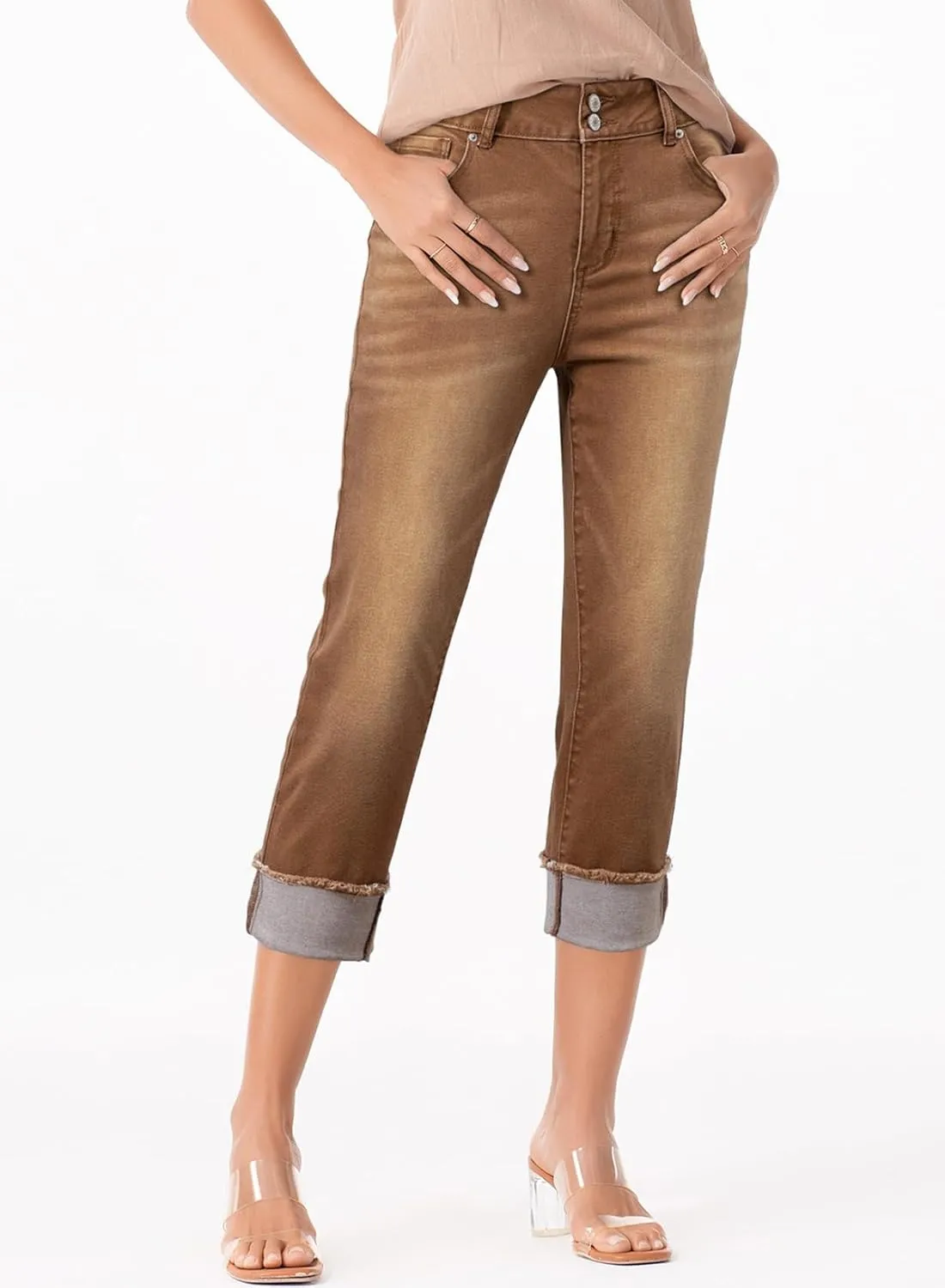 Sidefeel Women's Capri Jeans High Waisted Stretchy Roll-up Skinny Cuffed Cropped Zimbaplatinum Summer Denim Pants