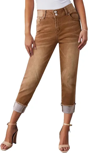 Sidefeel Women's Capri Jeans High Waisted Stretchy Roll-up Skinny Cuffed Cropped Zimbaplatinum Summer Denim Pants