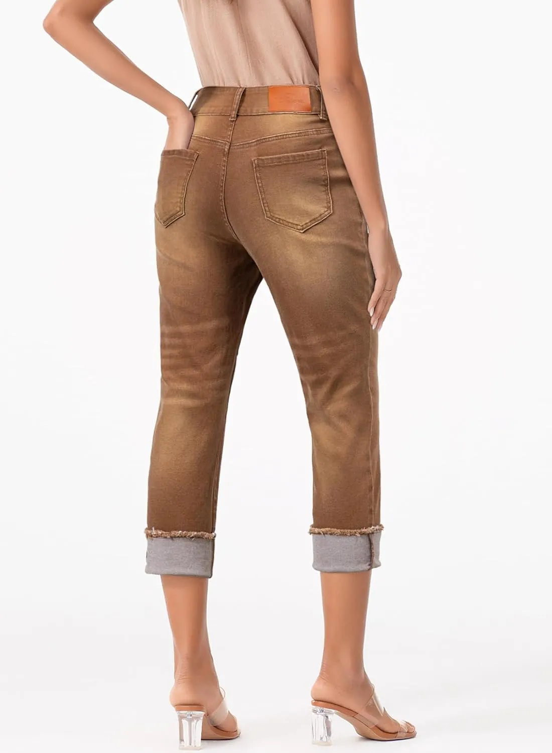 Sidefeel Women's Capri Jeans High Waisted Stretchy Roll-up Skinny Cuffed Cropped Zimbaplatinum Summer Denim Pants