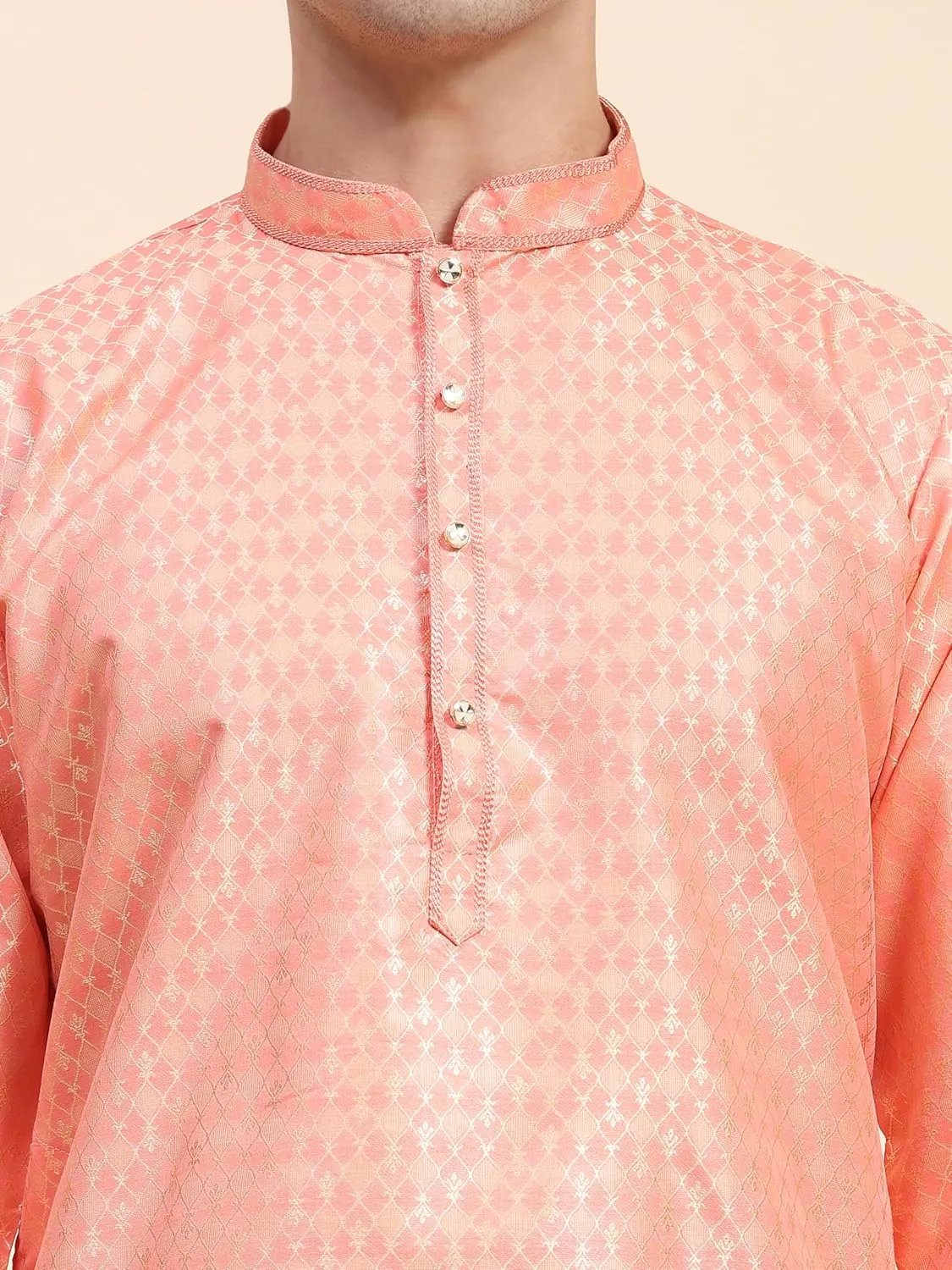 SKAVIJ Men's Floral Woven Design Kurta Pajama Set Jacquard Silk Thread Work 2-Piece Set