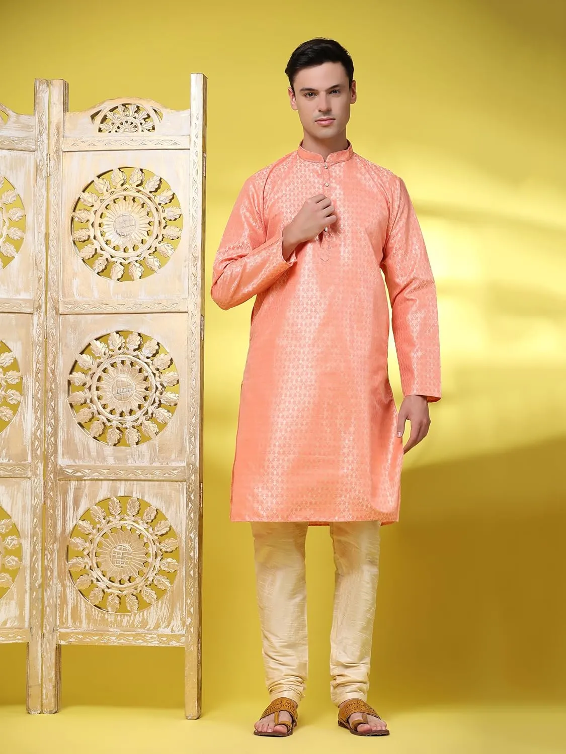 SKAVIJ Men's Floral Woven Design Kurta Pajama Set Jacquard Silk Thread Work 2-Piece Set