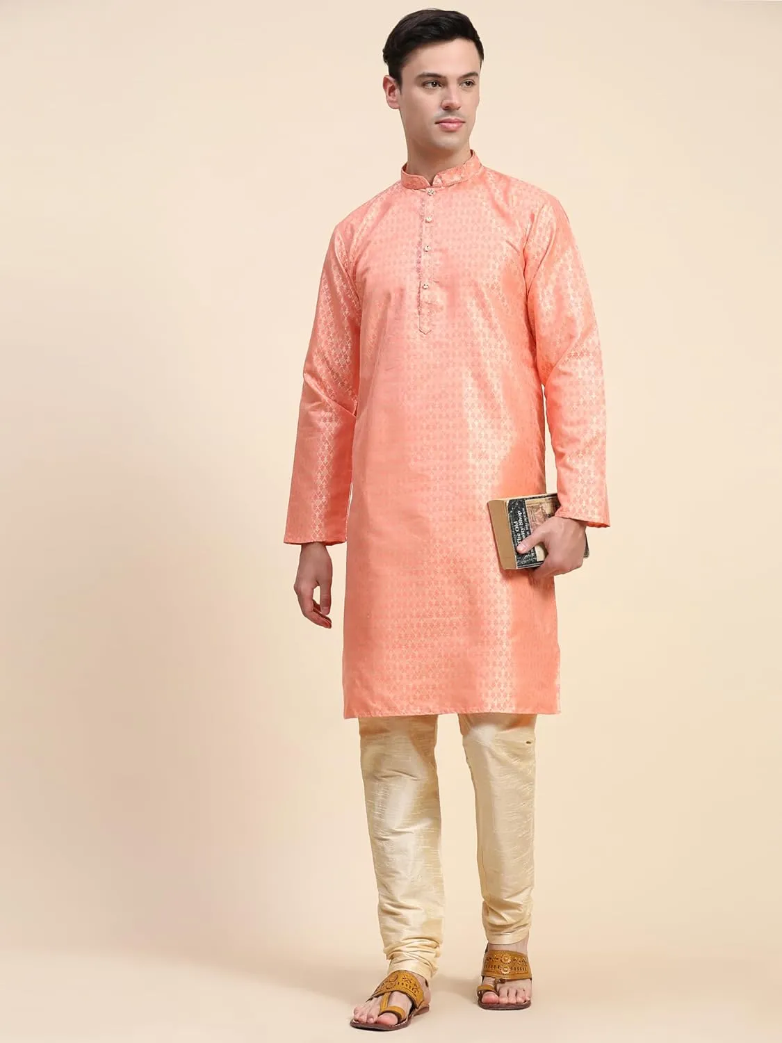 SKAVIJ Men's Floral Woven Design Kurta Pajama Set Jacquard Silk Thread Work 2-Piece Set