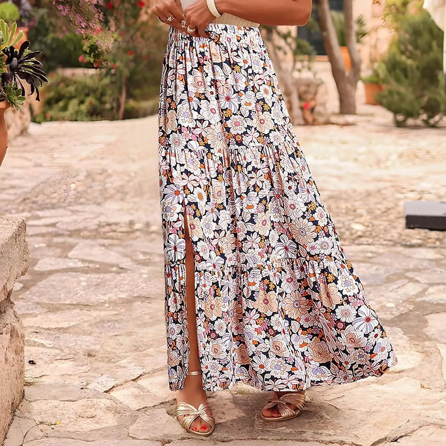 Skirts for Women Boho Floral Print Maxi Skirts Plus Size Side Slit Flowy Skirt Midi Length Chiffon Dress with Pockets