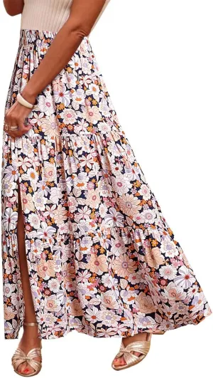 Skirts for Women Boho Floral Print Maxi Skirts Plus Size Side Slit Flowy Skirt Midi Length Chiffon Dress with Pockets