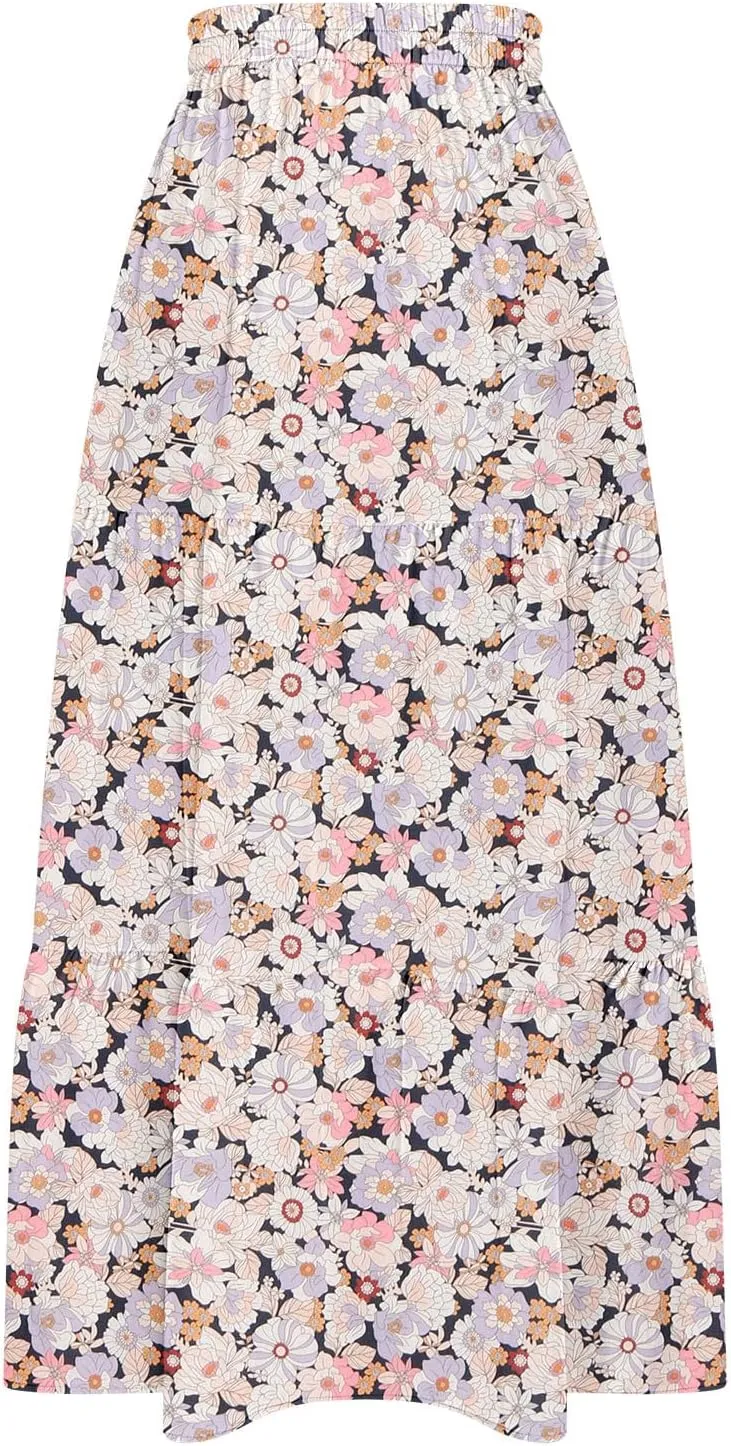Skirts for Women Boho Floral Print Maxi Skirts Plus Size Side Slit Flowy Skirt Midi Length Chiffon Dress with Pockets