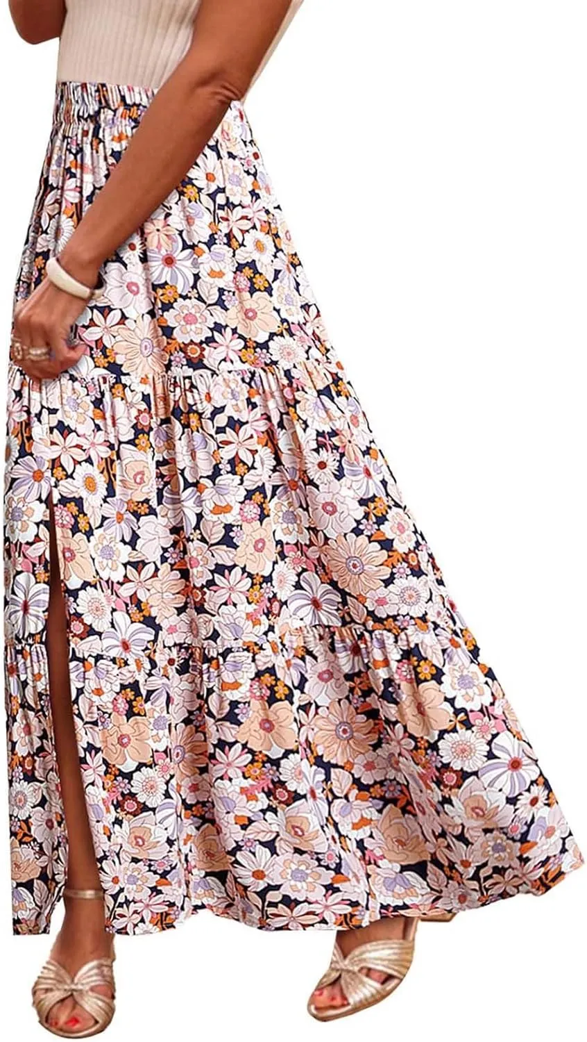 Skirts for Women Boho Floral Print Maxi Skirts Plus Size Side Slit Flowy Skirt Midi Length Chiffon Dress with Pockets
