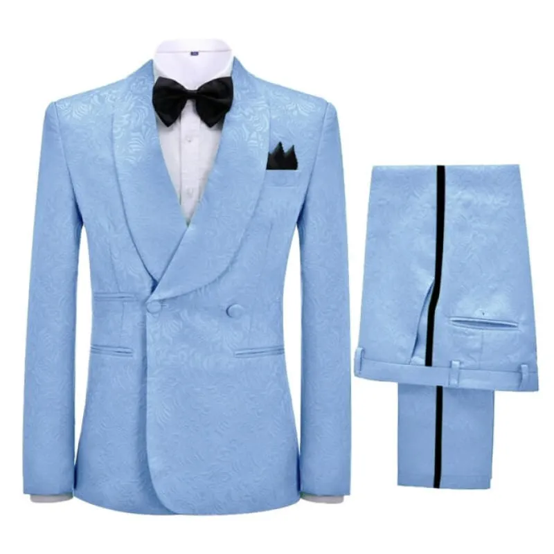 Sky Blue Jacquard Double Breasted Wedding Suits Shawl Lapel Two Pieces Wedding Wear Suits