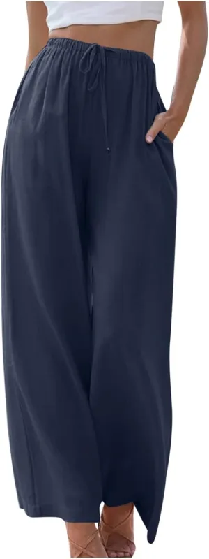 SMIDOW Linen Pants for Women Casual Loose High Waist Drawstring Trousers Wide Leg Baggy Long Pant with Pockets