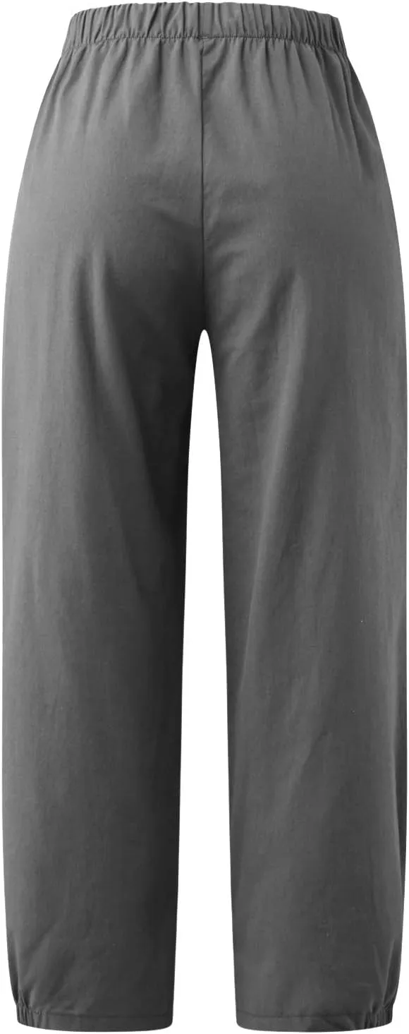 SMIDOW Women's Capris and Cropped Pants Dressy Casual Cotton Linen Pant Elastic High Waist Loose Wide Leg Long Trousers