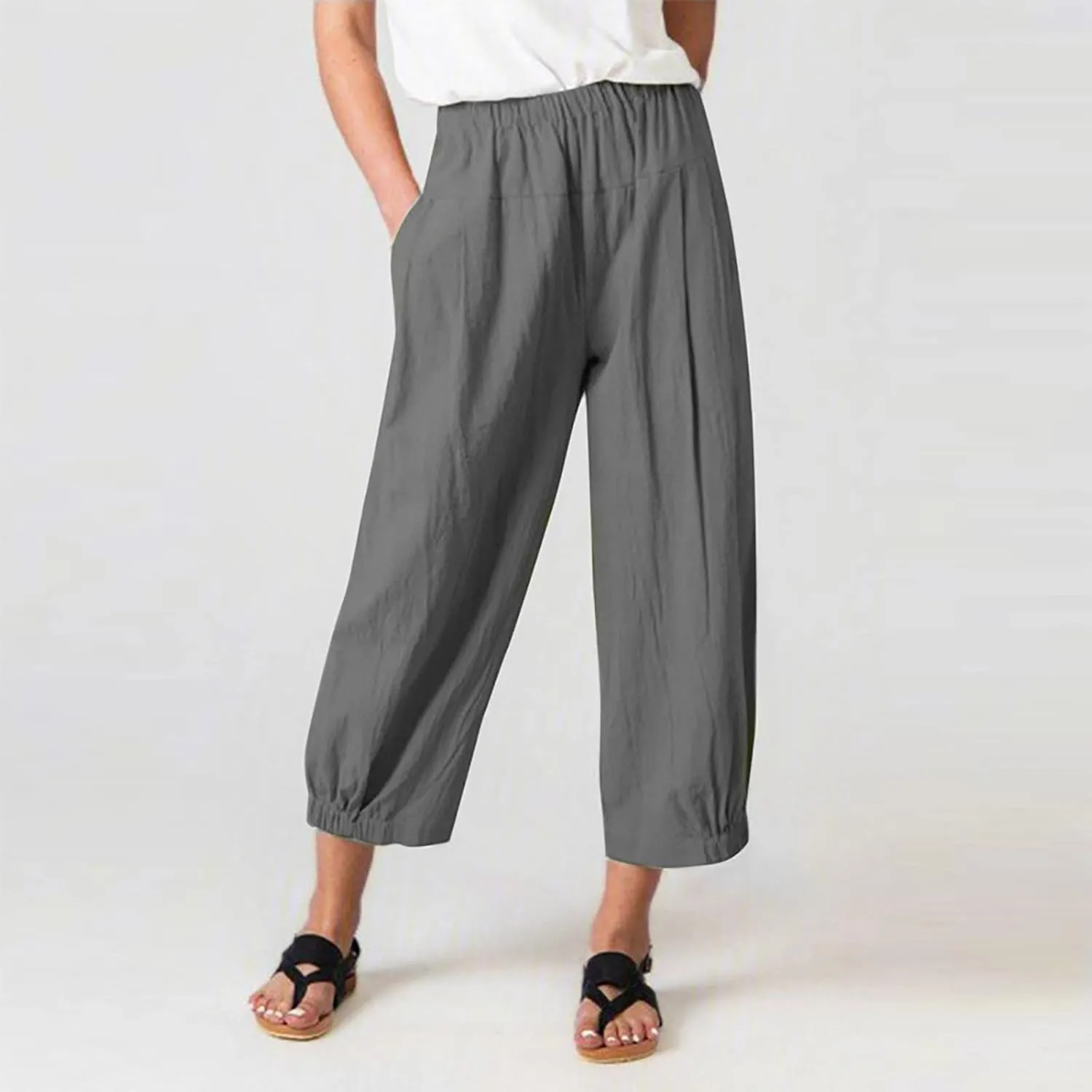 SMIDOW Women's Capris and Cropped Pants Dressy Casual Cotton Linen Pant Elastic High Waist Loose Wide Leg Long Trousers