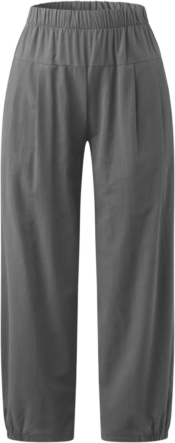SMIDOW Women's Capris and Cropped Pants Dressy Casual Cotton Linen Pant Elastic High Waist Loose Wide Leg Long Trousers