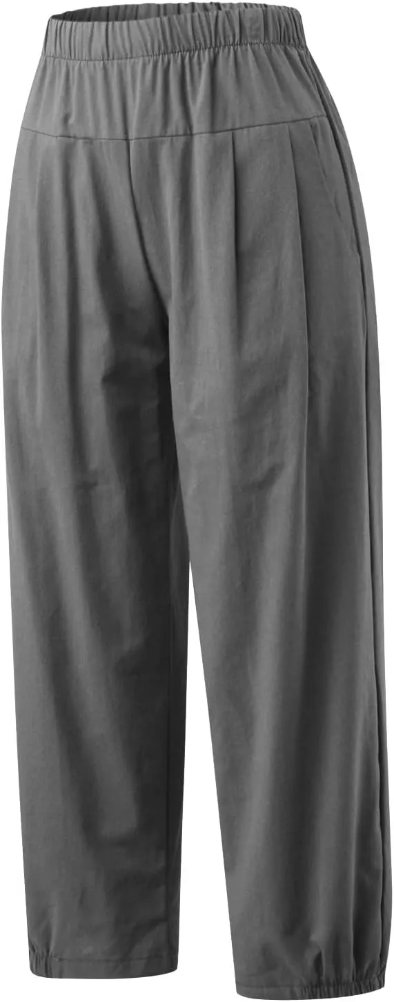 SMIDOW Women's Capris and Cropped Pants Dressy Casual Cotton Linen Pant Elastic High Waist Loose Wide Leg Long Trousers