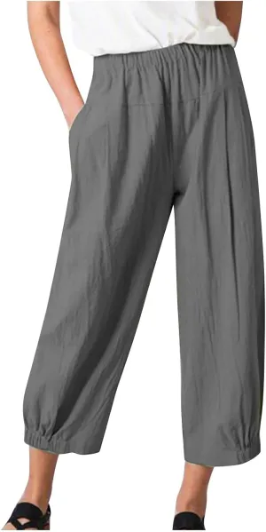 SMIDOW Women's Capris and Cropped Pants Dressy Casual Cotton Linen Pant Elastic High Waist Loose Wide Leg Long Trousers