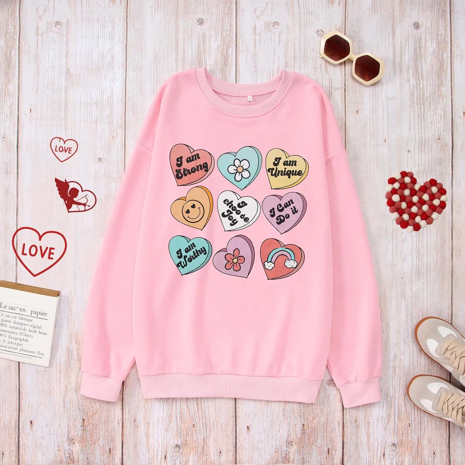 SOFEON Womens Valentines Sweatshirt Heart Print Inspirational Long Sleeve Shirts Crewneck Pullover Oversized Tops