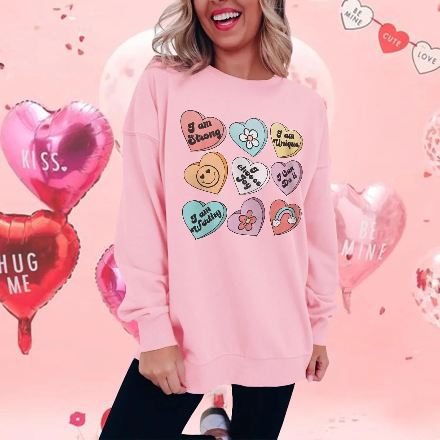 SOFEON Womens Valentines Sweatshirt Heart Print Inspirational Long Sleeve Shirts Crewneck Pullover Oversized Tops