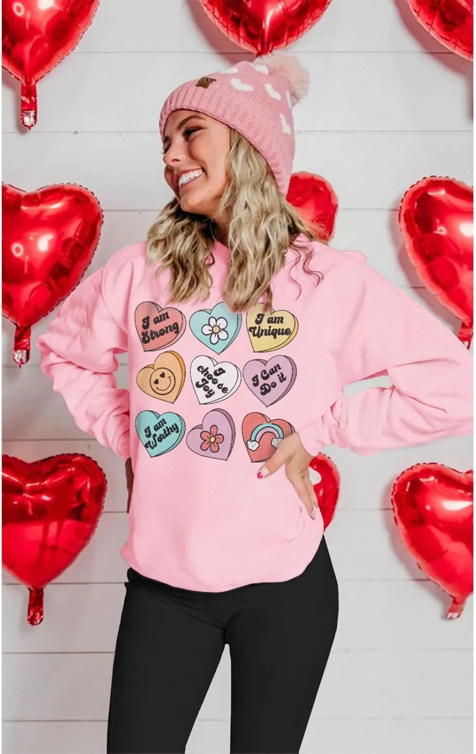 SOFEON Womens Valentines Sweatshirt Heart Print Inspirational Long Sleeve Shirts Crewneck Pullover Oversized Tops