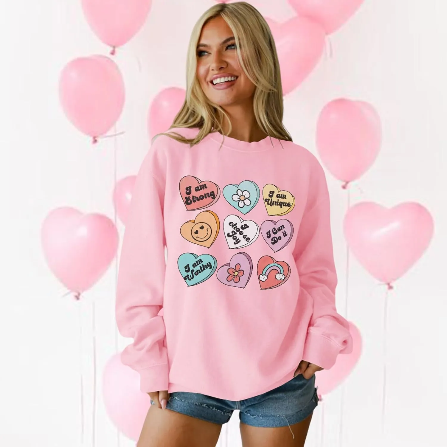 SOFEON Womens Valentines Sweatshirt Heart Print Inspirational Long Sleeve Shirts Crewneck Pullover Oversized Tops