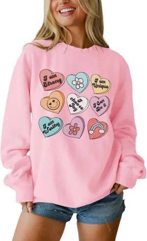 SOFEON Womens Valentines Sweatshirt Heart Print Inspirational Long Sleeve Shirts Crewneck Pullover Oversized Tops