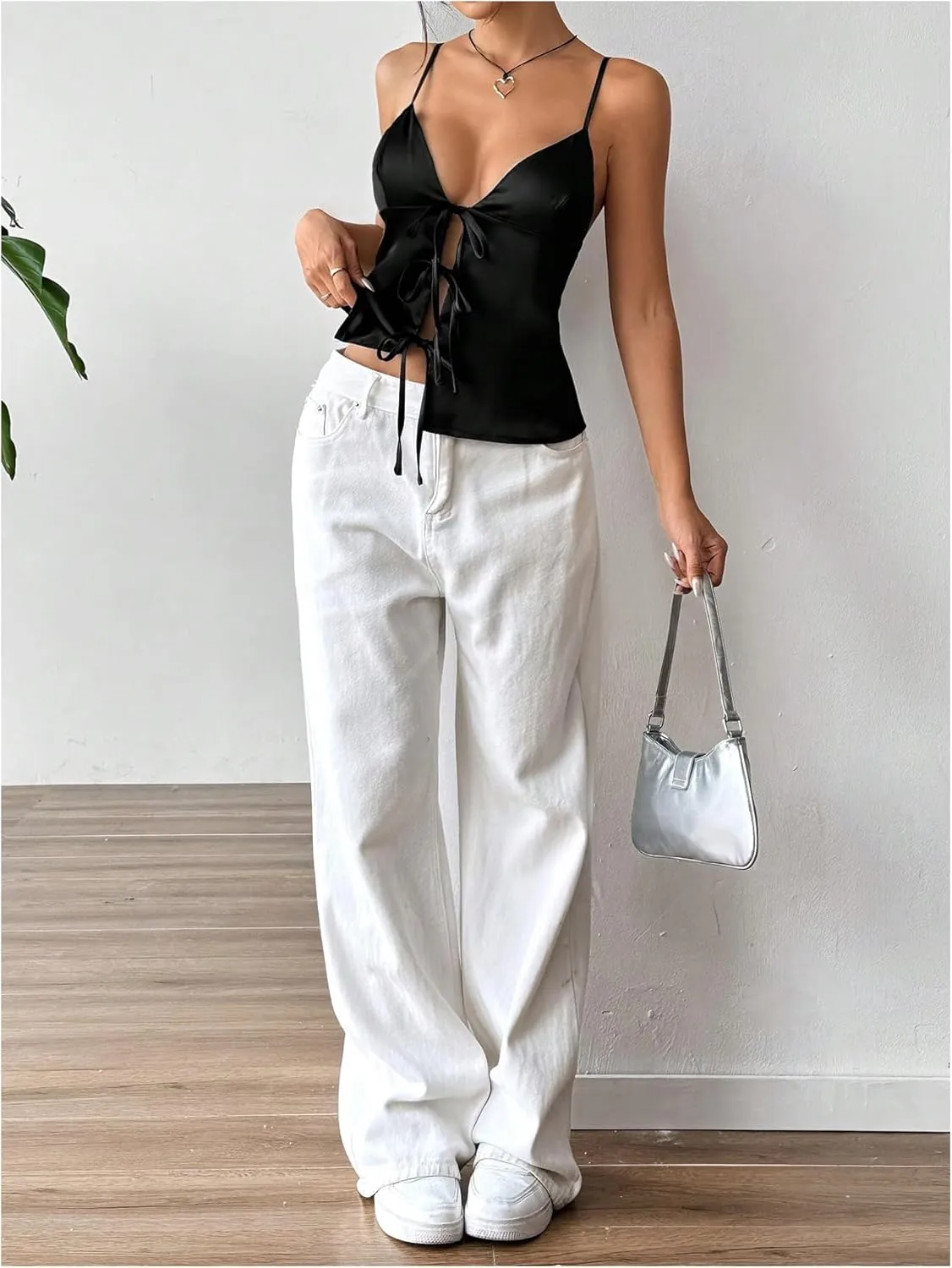 SOLY HUX Women's Cami Tops Tie Front V Neck Spaghetti Strap Summer Camisole