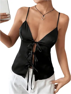 SOLY HUX Women's Cami Tops Tie Front V Neck Spaghetti Strap Summer Camisole