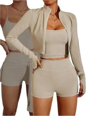 SOLY HUX Women's Tracksuits 3 Piece Yoga Workout Set Zip Up Crop Jacket Camisole Top and Biker Shorts Sports Clothes