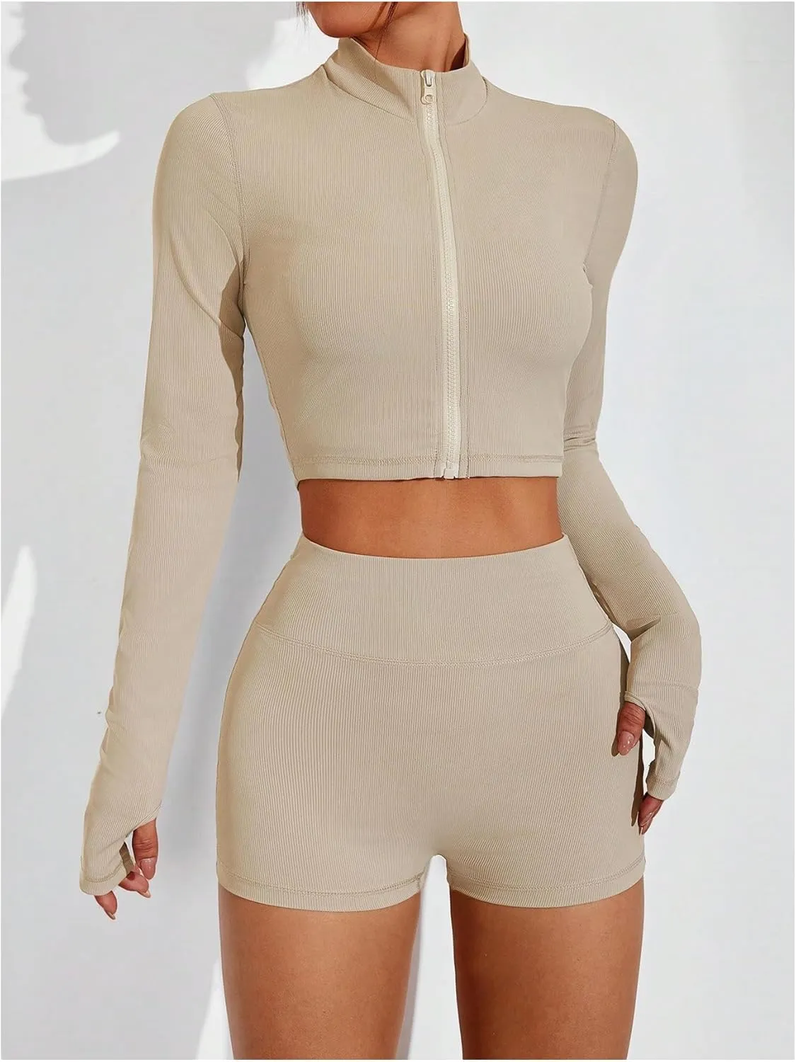 SOLY HUX Women's Tracksuits 3 Piece Yoga Workout Set Zip Up Crop Jacket Camisole Top and Biker Shorts Sports Clothes
