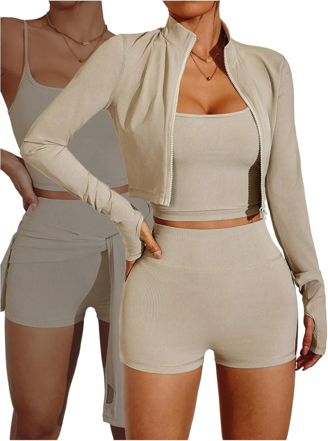 SOLY HUX Women's Tracksuits 3 Piece Yoga Workout Set Zip Up Crop Jacket Camisole Top and Biker Shorts Sports Clothes