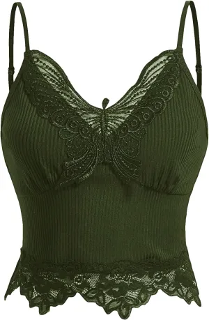 SOLY HUX Women's Y2k Contrast Lace Cami Crop Top Spaghetti Strap Asymmetrical Hem Slim Fit Tops