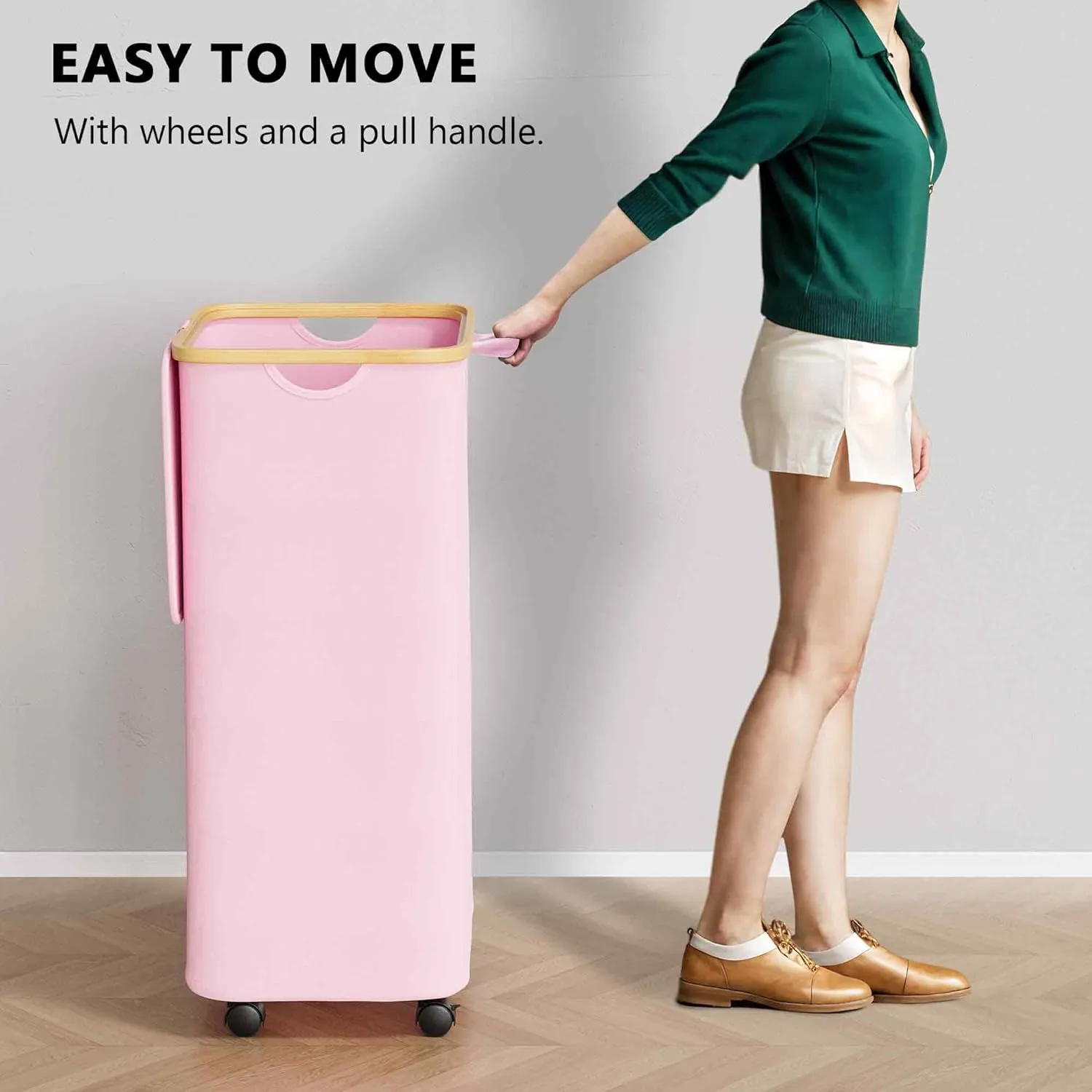 SpaceAid Laundry Hamper with Wheels and Lid, 26 Gal (100L) Rolling Clothes Basket with Bamboo Handle, Large Laundry Hamper for Bedroom, Bathroom, Dorm, Laundry Room - Pink