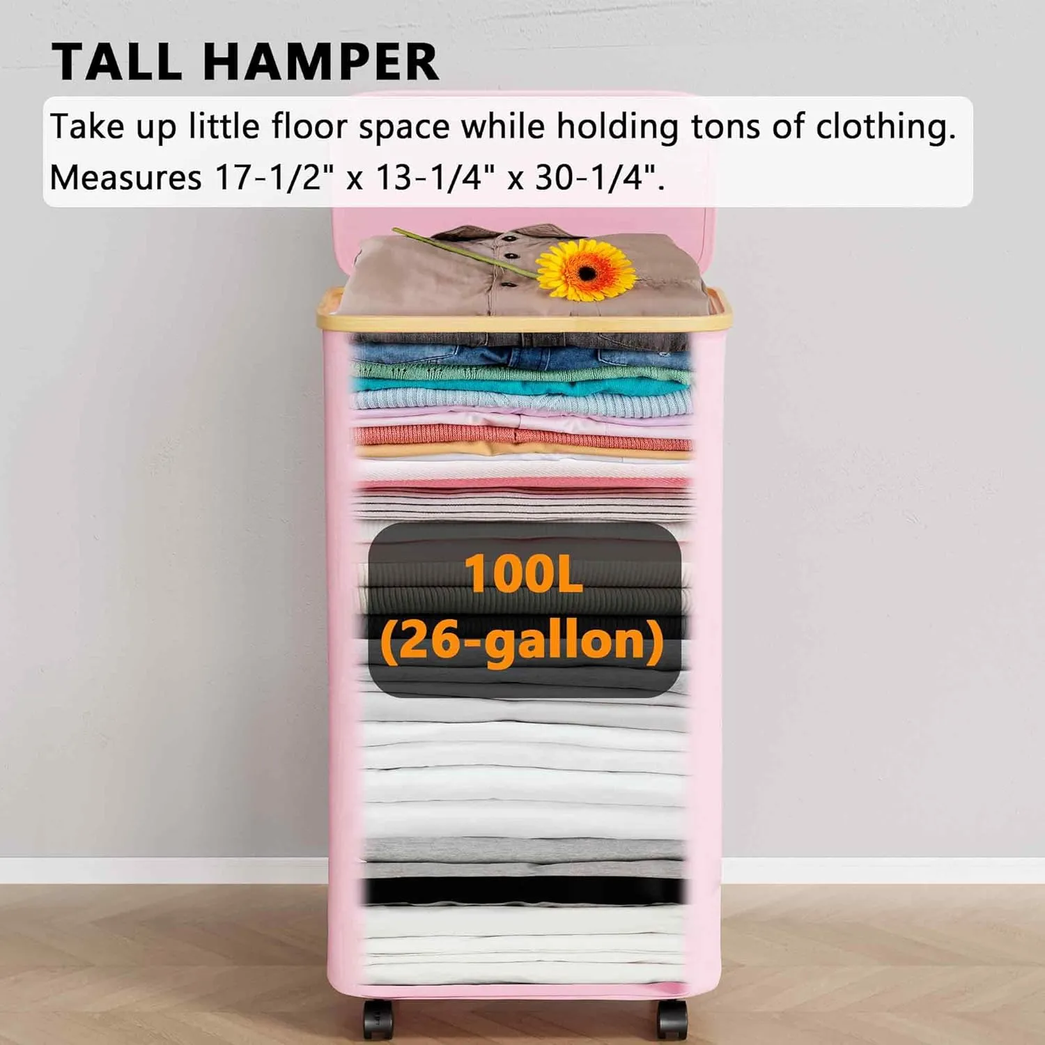 SpaceAid Laundry Hamper with Wheels and Lid, 26 Gal (100L) Rolling Clothes Basket with Bamboo Handle, Large Laundry Hamper for Bedroom, Bathroom, Dorm, Laundry Room - Pink