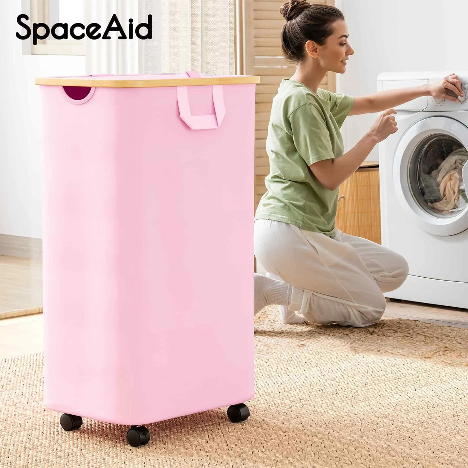 SpaceAid Laundry Hamper with Wheels and Lid, 26 Gal (100L) Rolling Clothes Basket with Bamboo Handle, Large Laundry Hamper for Bedroom, Bathroom, Dorm, Laundry Room - Pink
