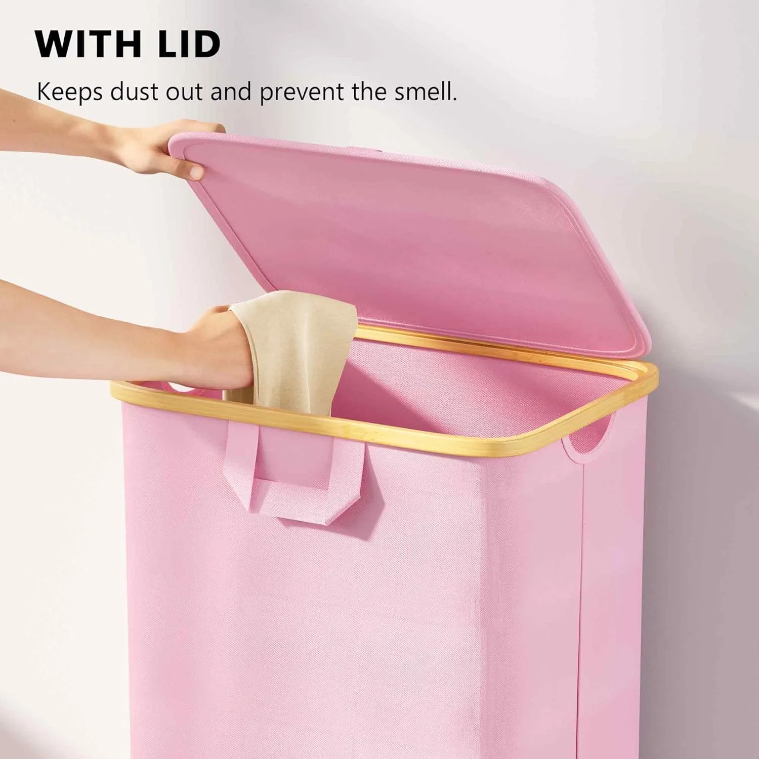 SpaceAid Laundry Hamper with Wheels and Lid, 26 Gal (100L) Rolling Clothes Basket with Bamboo Handle, Large Laundry Hamper for Bedroom, Bathroom, Dorm, Laundry Room - Pink