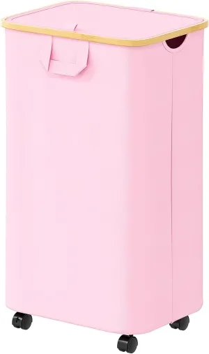 SpaceAid Laundry Hamper with Wheels and Lid, 26 Gal (100L) Rolling Clothes Basket with Bamboo Handle, Large Laundry Hamper for Bedroom, Bathroom, Dorm, Laundry Room - Pink