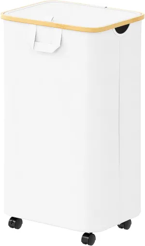 SpaceAid Laundry Hamper with Wheels and Lid, 26 Gal (100L) Rolling Clothes Basket with Bamboo Handle, Large Laundry Hamper for Bedroom, Bathroom, Dorm, Laundry Room - White