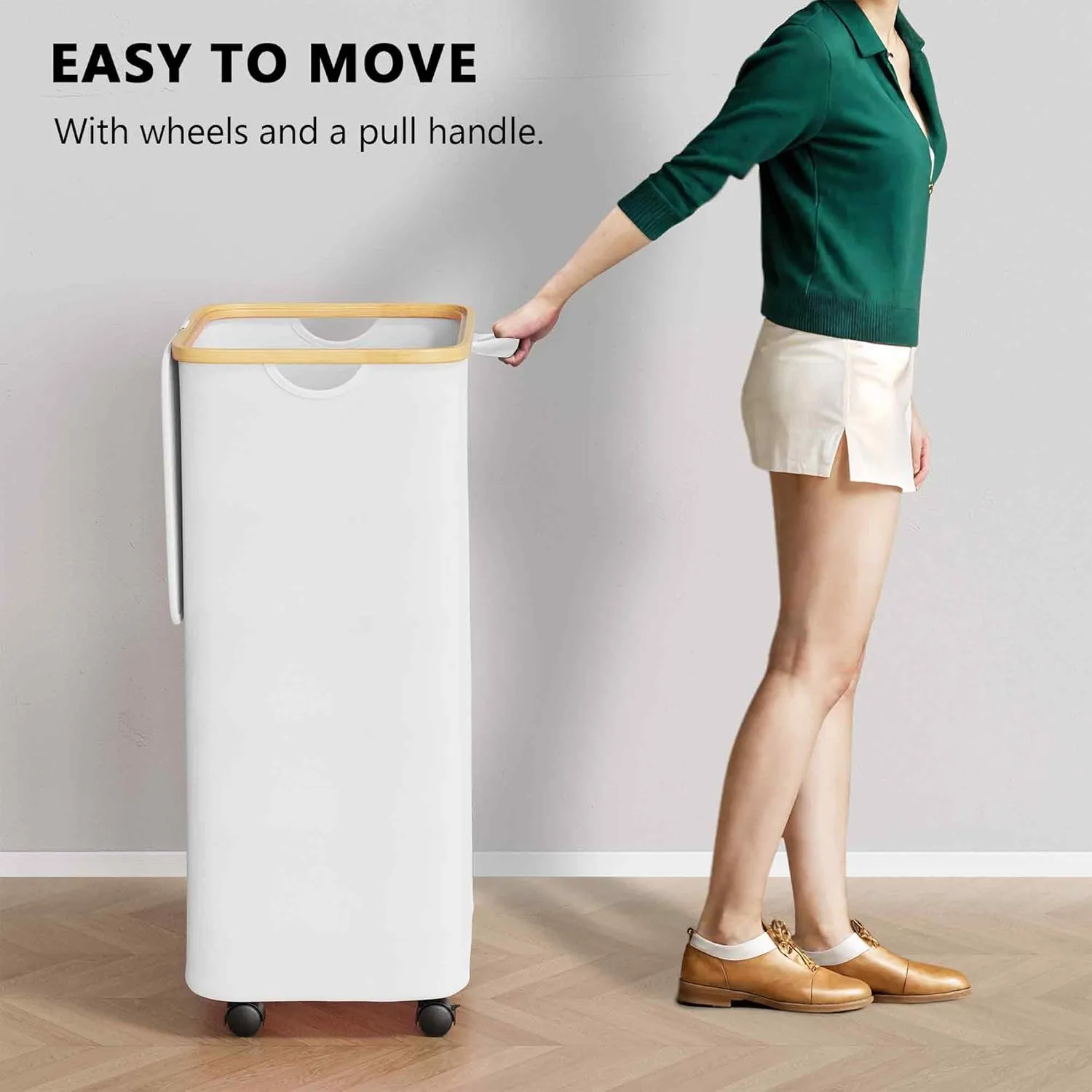 SpaceAid Laundry Hamper with Wheels and Lid, 26 Gal (100L) Rolling Clothes Basket with Bamboo Handle, Large Laundry Hamper for Bedroom, Bathroom, Dorm, Laundry Room - White
