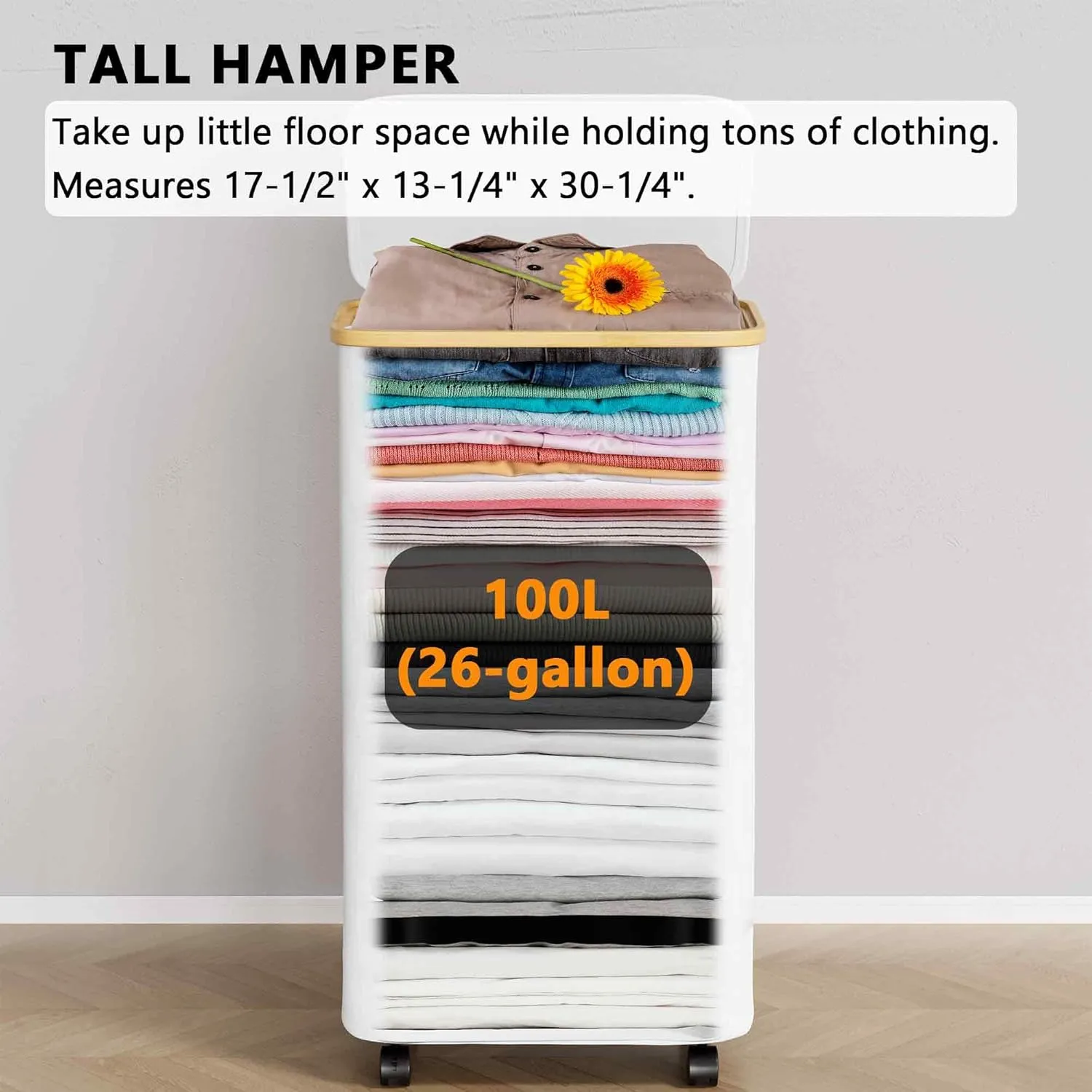 SpaceAid Laundry Hamper with Wheels and Lid, 26 Gal (100L) Rolling Clothes Basket with Bamboo Handle, Large Laundry Hamper for Bedroom, Bathroom, Dorm, Laundry Room - White