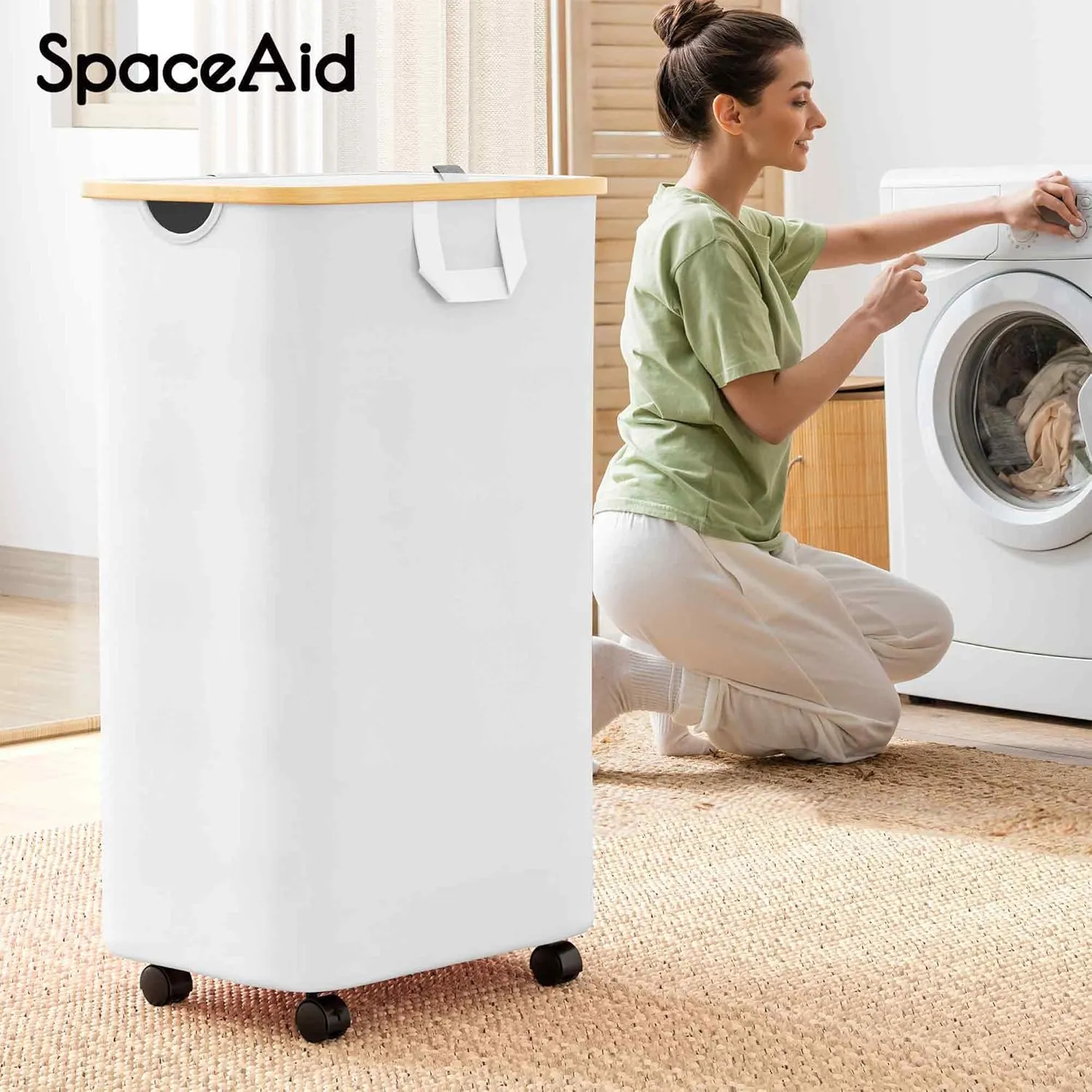 SpaceAid Laundry Hamper with Wheels and Lid, 26 Gal (100L) Rolling Clothes Basket with Bamboo Handle, Large Laundry Hamper for Bedroom, Bathroom, Dorm, Laundry Room - White