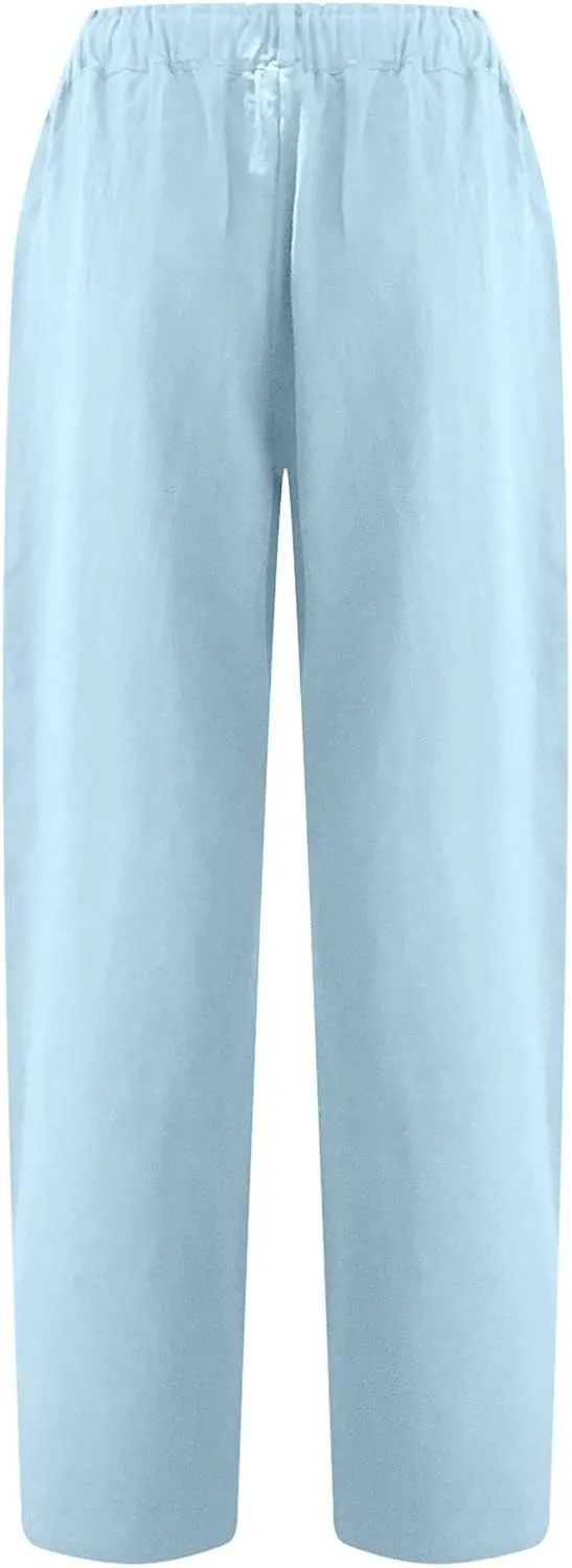 Spring Pants for Women 2023 Casual Straight Leg Elastic Waist Cropped Lounge Pant Trousers with Pockets
