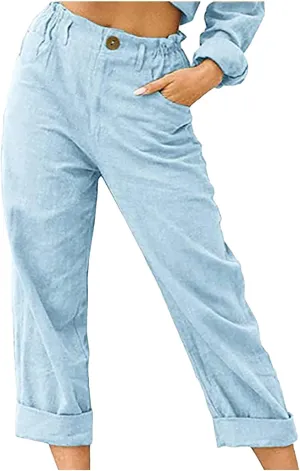 Spring Pants for Women 2023 Casual Straight Leg Elastic Waist Cropped Lounge Pant Trousers with Pockets