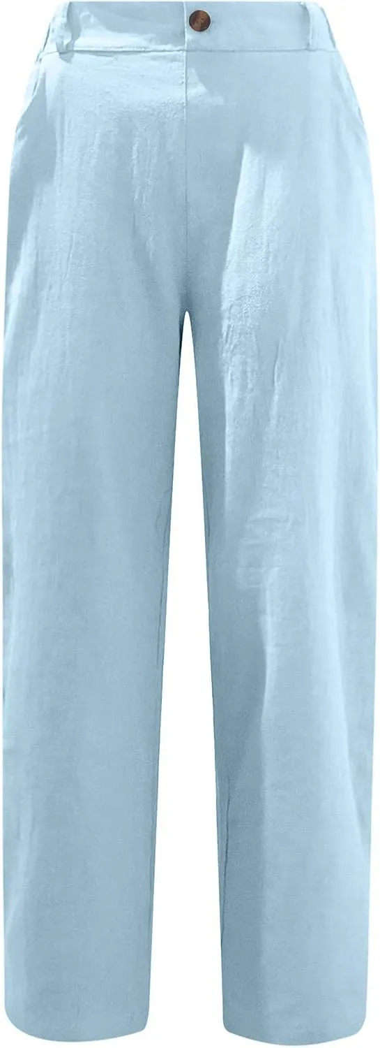 Spring Pants for Women 2023 Casual Straight Leg Elastic Waist Cropped Lounge Pant Trousers with Pockets