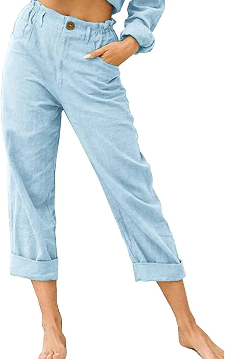Spring Pants for Women 2023 Casual Straight Leg Elastic Waist Cropped Lounge Pant Trousers with Pockets