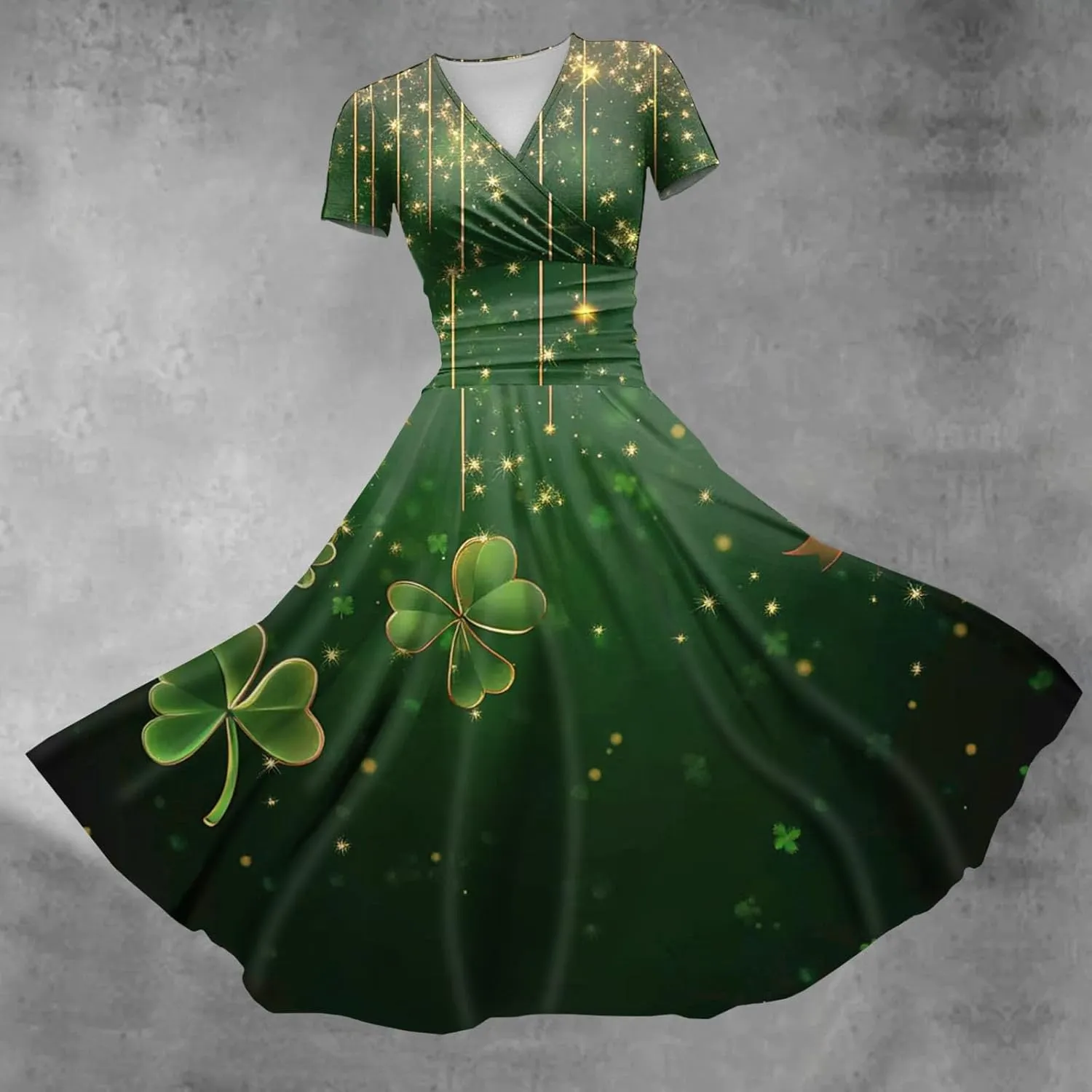 St Patrick's Day Dress Ladies Loose Short Sleeve V Neck Princess Pulled Ruffle Waist Drawstring Shamrock Print Dresses