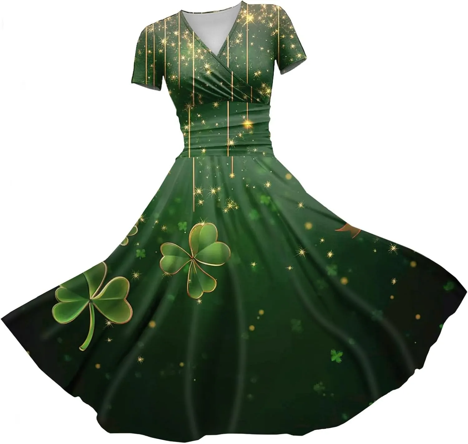 St Patrick's Day Dress Ladies Loose Short Sleeve V Neck Princess Pulled Ruffle Waist Drawstring Shamrock Print Dresses