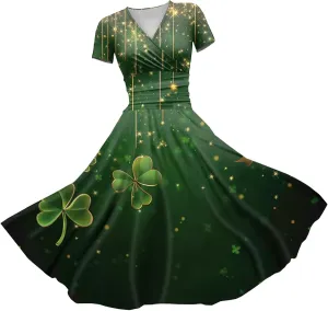St Patrick's Day Dress Ladies Loose Short Sleeve V Neck Princess Pulled Ruffle Waist Drawstring Shamrock Print Dresses