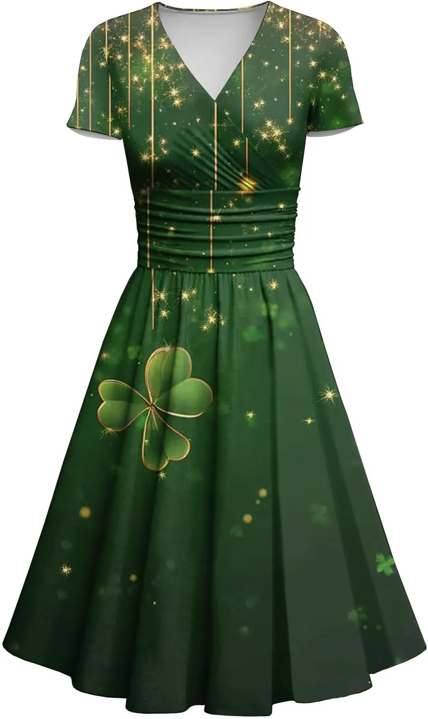 St Patrick's Day Dress Ladies Loose Short Sleeve V Neck Princess Pulled Ruffle Waist Drawstring Shamrock Print Dresses