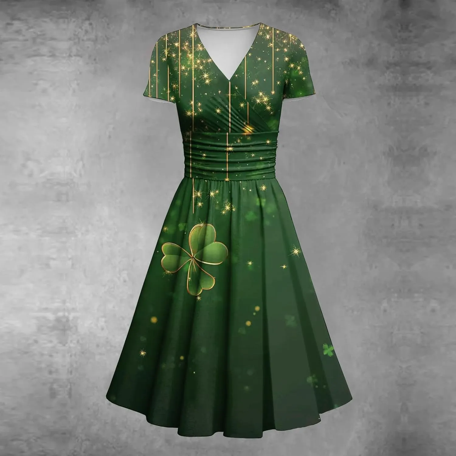 St Patrick's Day Dress Ladies Loose Short Sleeve V Neck Princess Pulled Ruffle Waist Drawstring Shamrock Print Dresses