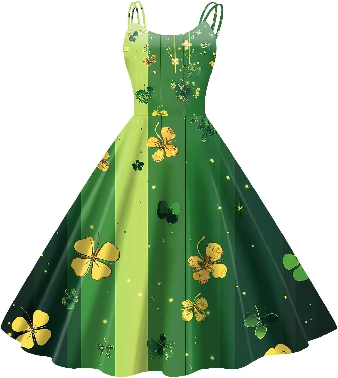St Patrick's Day Dress Womens Loose Off Shoulder Vintage Sleeveless Midi A-Line Shamrock Print Swing Dresses