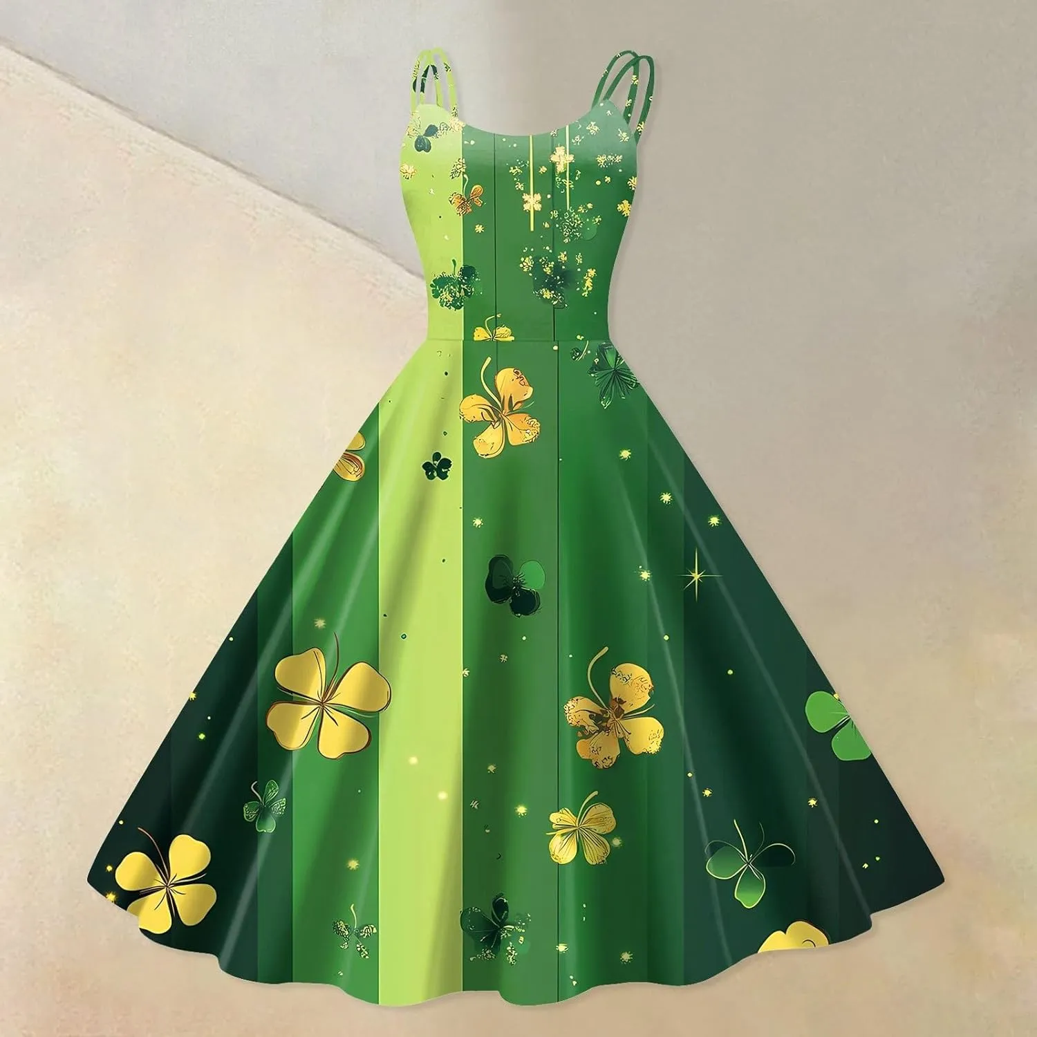St Patrick's Day Dress Womens Loose Off Shoulder Vintage Sleeveless Midi A-Line Shamrock Print Swing Dresses